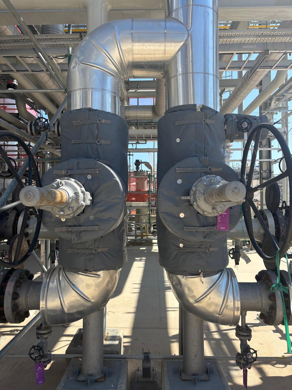 Two large matching valve assemblies with gray insulation blankets